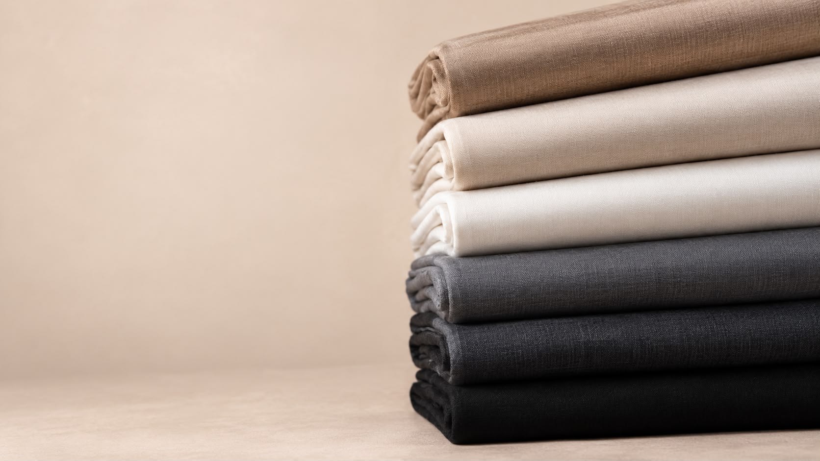 A folded stack of washed linen in taupe, sand, ivory, grey and black